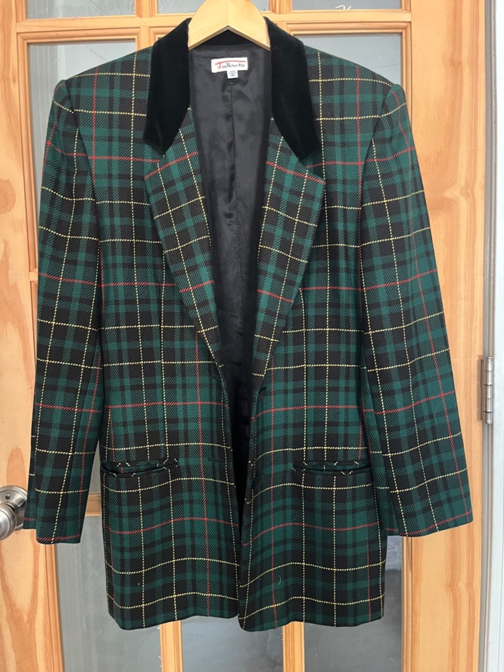 Vintage 90s y2k Talbots Green Red Gold Tartan Plaid Long wool Blazer Jacket 10 - Picture 1 of 6